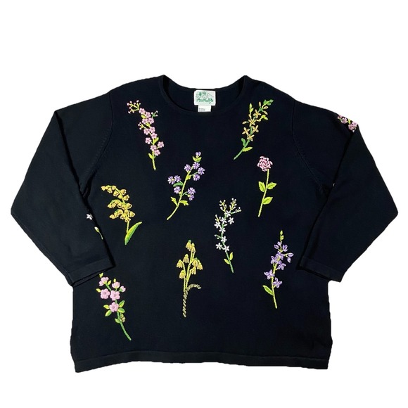 Quacker Factory Sweaters - Quacker Factory Floral Embroidered Long Sleeve Sweater Black Women's 1X Gardener